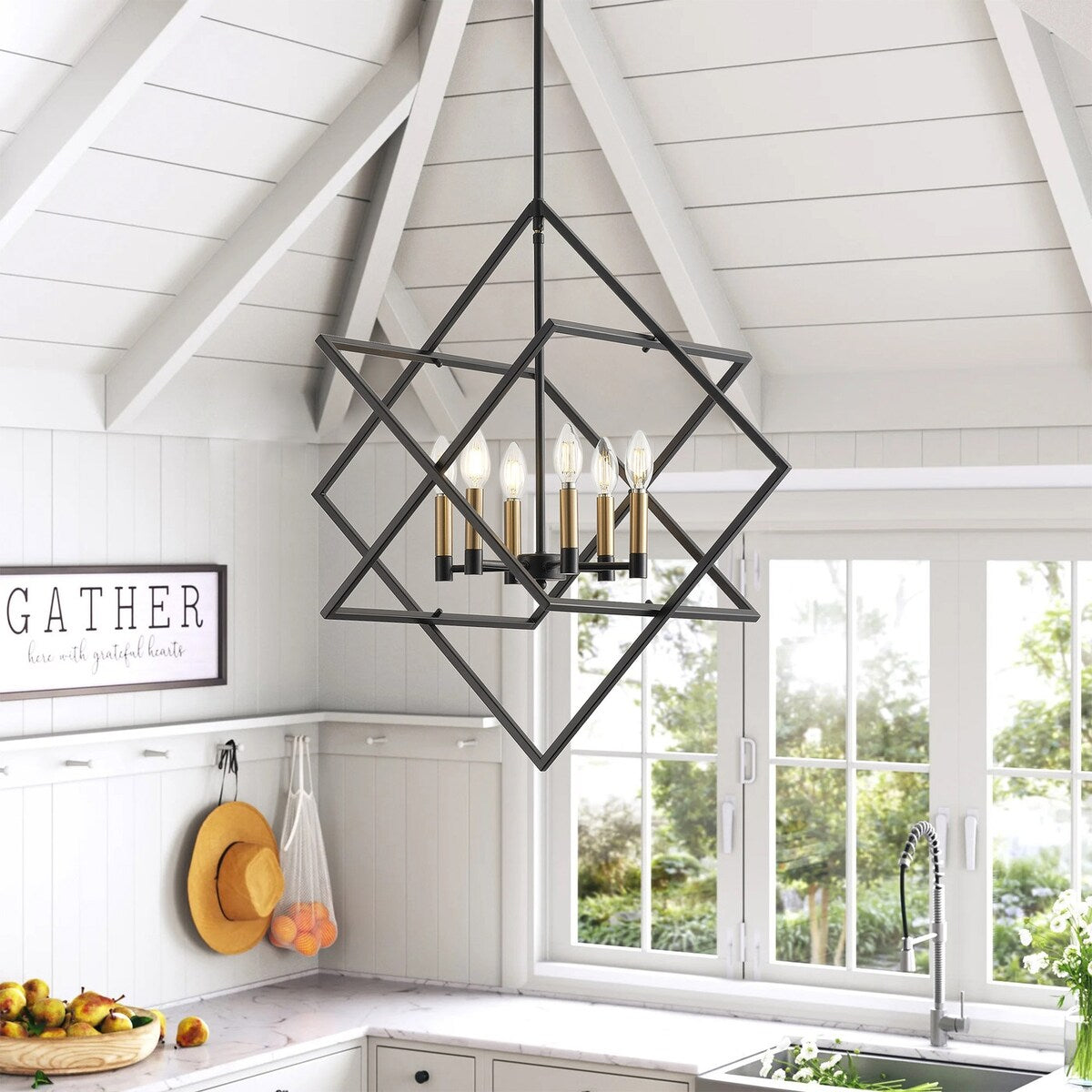 Modern Black 6-Light Geometric Lantern Hanging Light Fixture