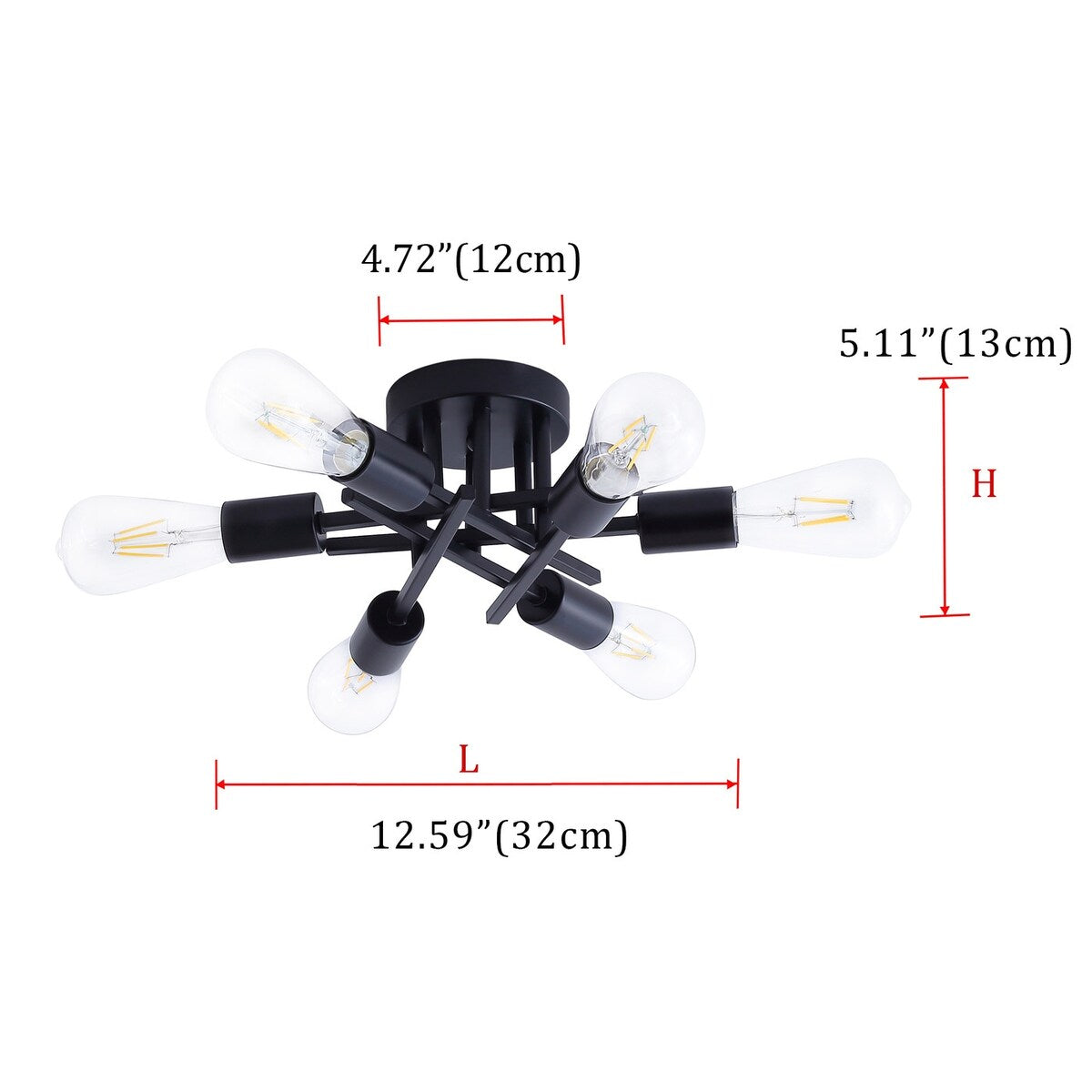 Modern Black 6-Light Unique Sputnik Semi Flush Mount Lighting Fixture