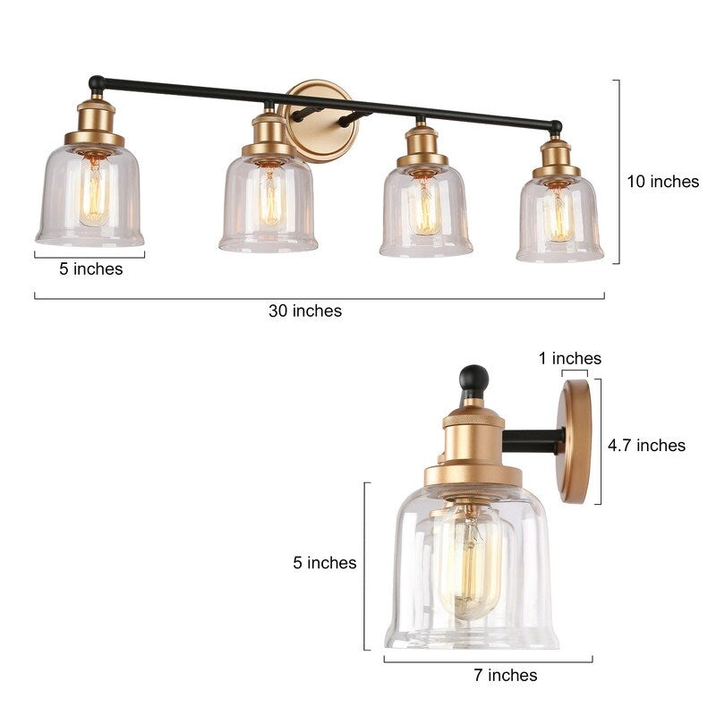 Modern Black Gold 4-Light Bathroom Vanity Light Fixture with Bell-shaped Shades - 30" L x 7" W x 10" H