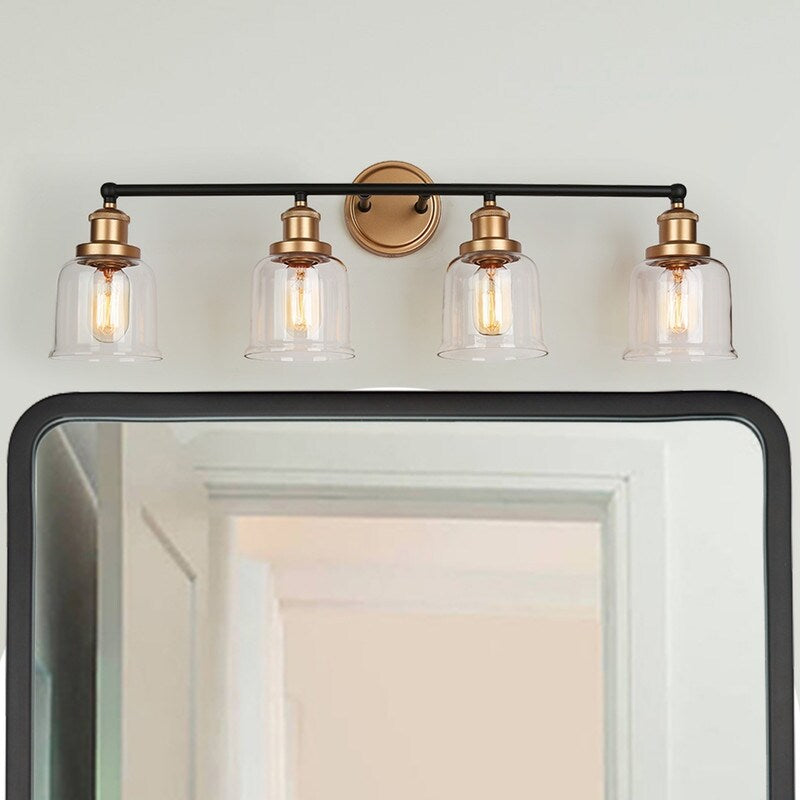 Modern Black Gold 4-Light Bathroom Vanity Light Fixture with Bell-shaped Shades - 30" L x 7" W x 10" H