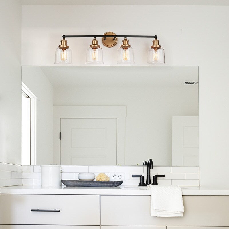 Modern Black Gold 4-Light Bathroom Vanity Light Fixture with Bell-shaped Shades - 30" L x 7" W x 10" H
