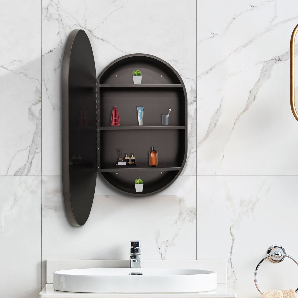 Modern Black Wall Mount Oval Bathroom Mirror Medicine Cabinet