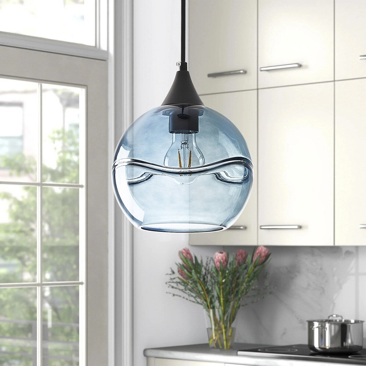 Modern Blue Rippled Glass Pendant Lighting Fixture for Kitchen Island