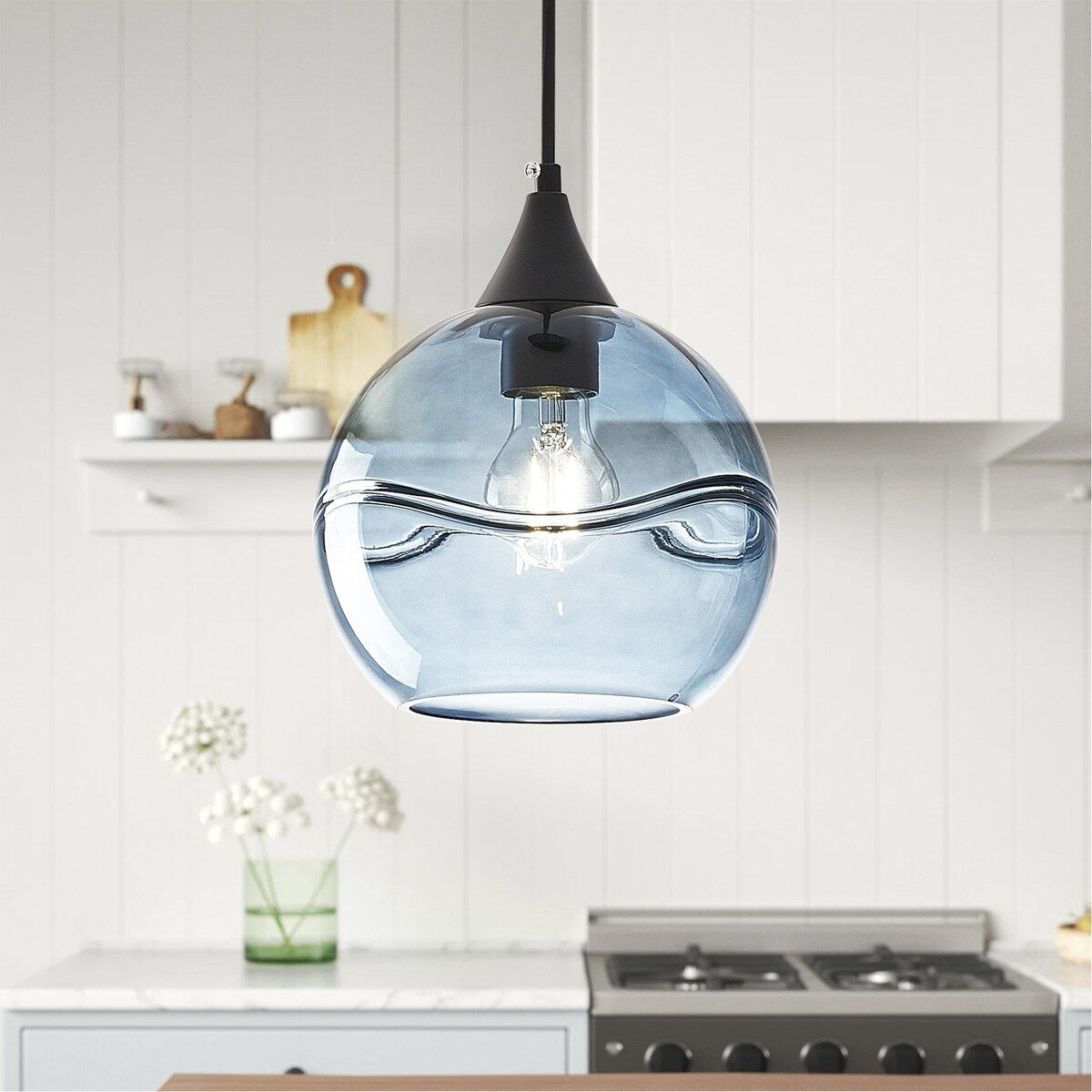 Modern Blue Rippled Glass Pendant Lighting Fixture for Kitchen Island