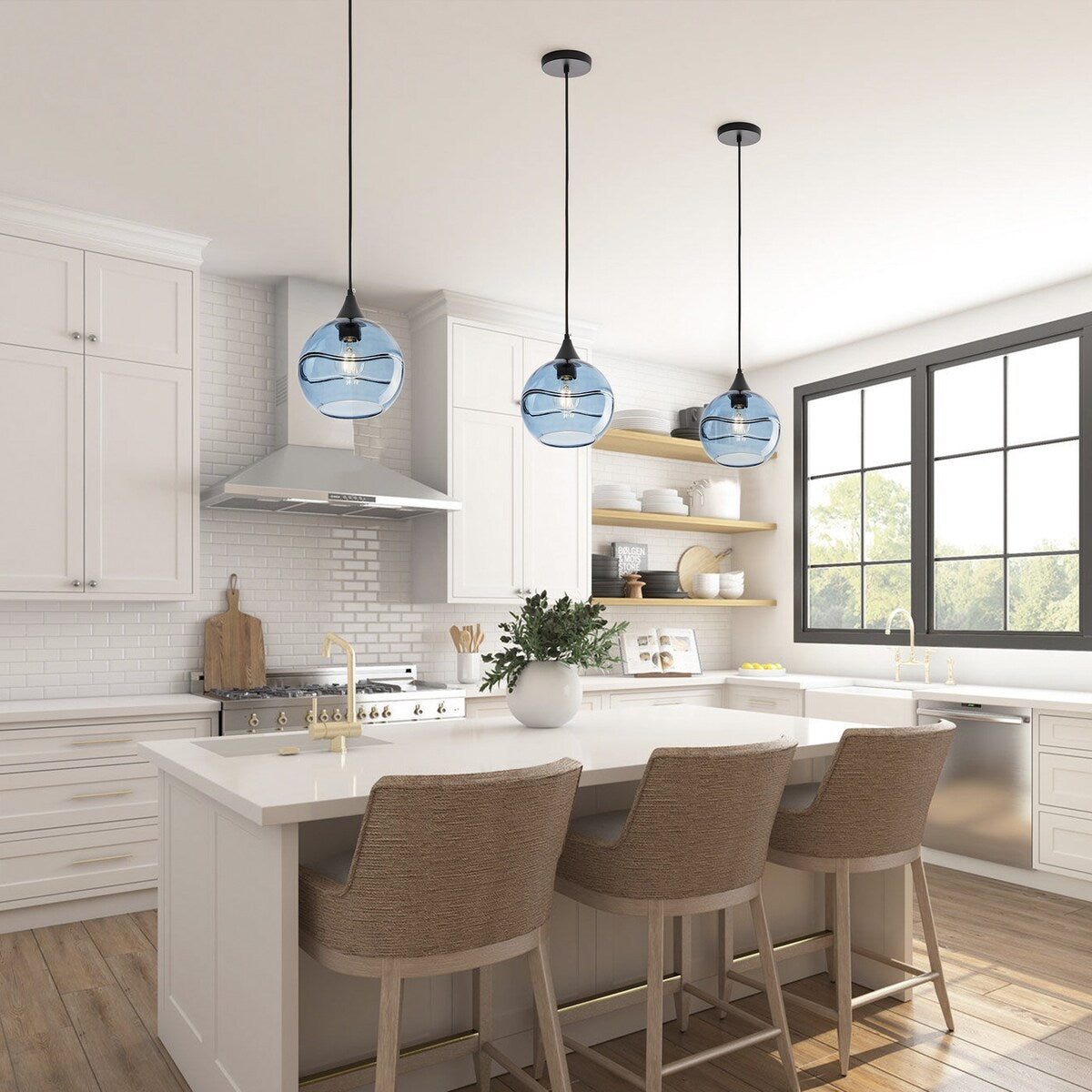Modern Blue Rippled Glass Pendant Lighting Fixture for Kitchen Island