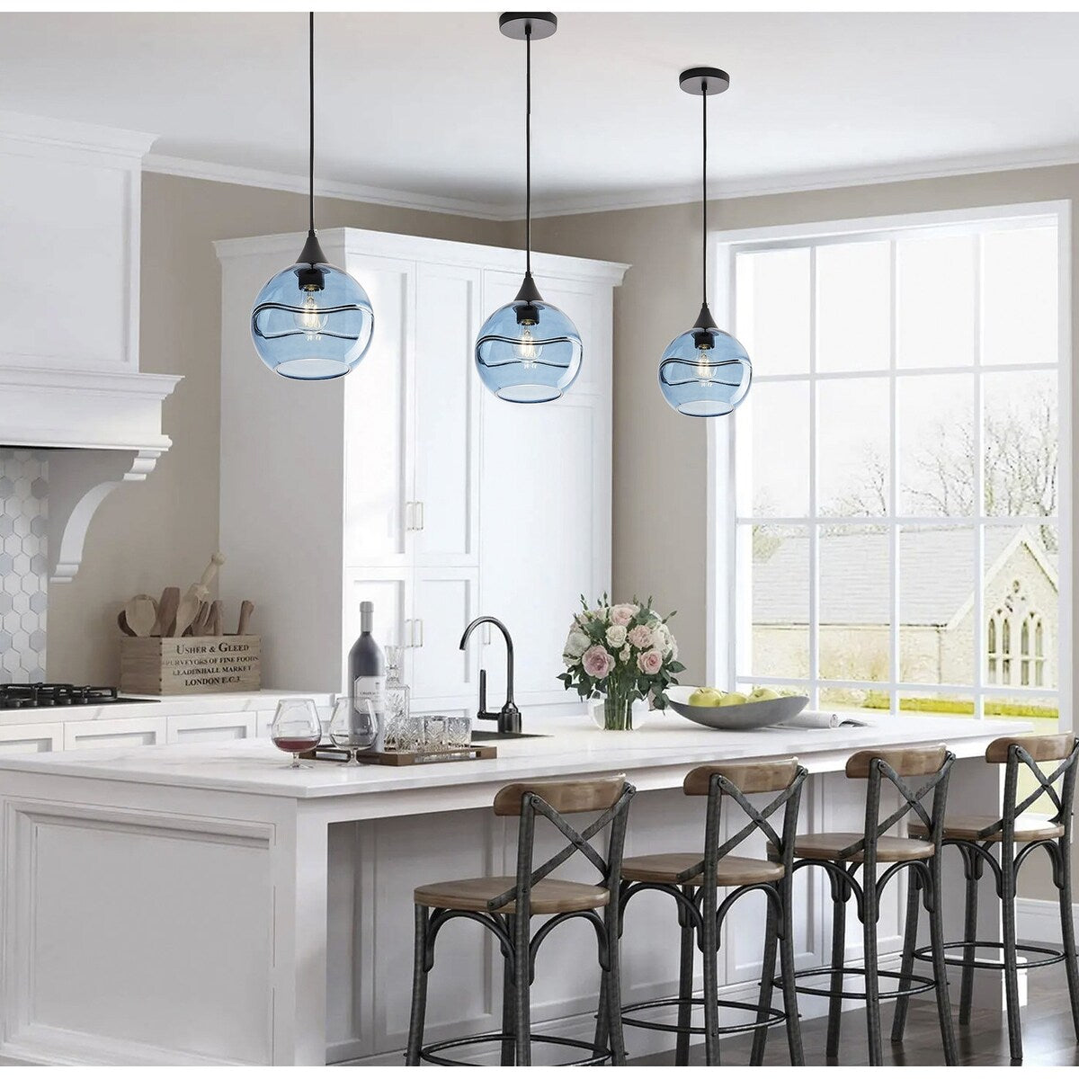 Modern Blue Rippled Glass Pendant Lighting Fixture for Kitchen Island