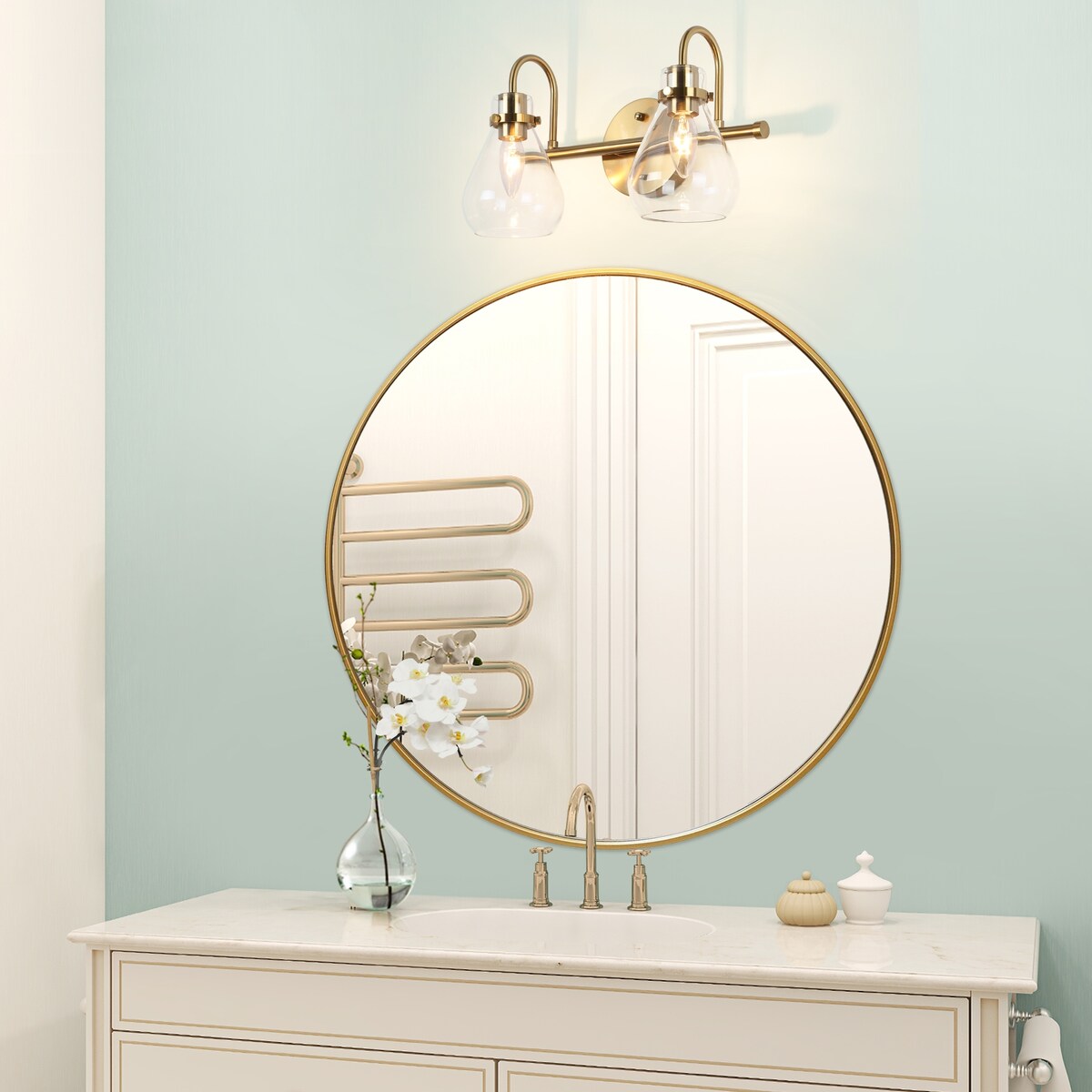 Nalia Modern Brass Gold Bathroom Vanity Light Linear Glass Wall Sconces for Powder Room