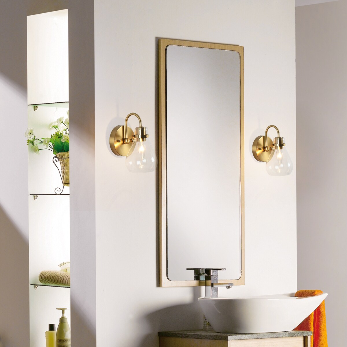 Nalia Modern Brass Gold Bathroom Vanity Light Linear Glass Wall Sconces for Powder Room