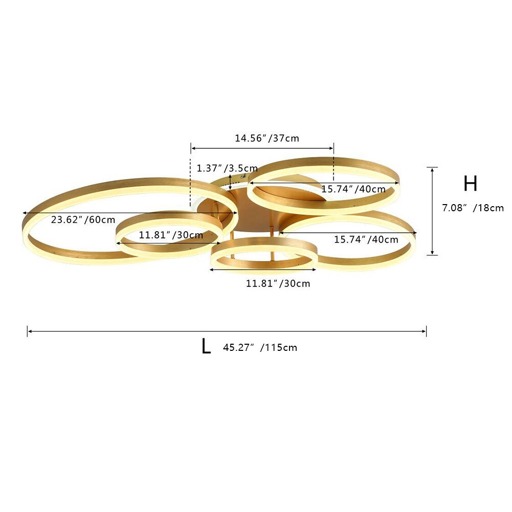 Modern Brushed Gold 5 Metal Rings LED Ceiling Light Fixture