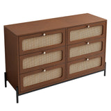 Modern Cannage Rattan Wood Closet 6-Drawer Dresser Wood Storage Cabinet Sideboard for Bedroom, Living Room, Entryway, Hallway