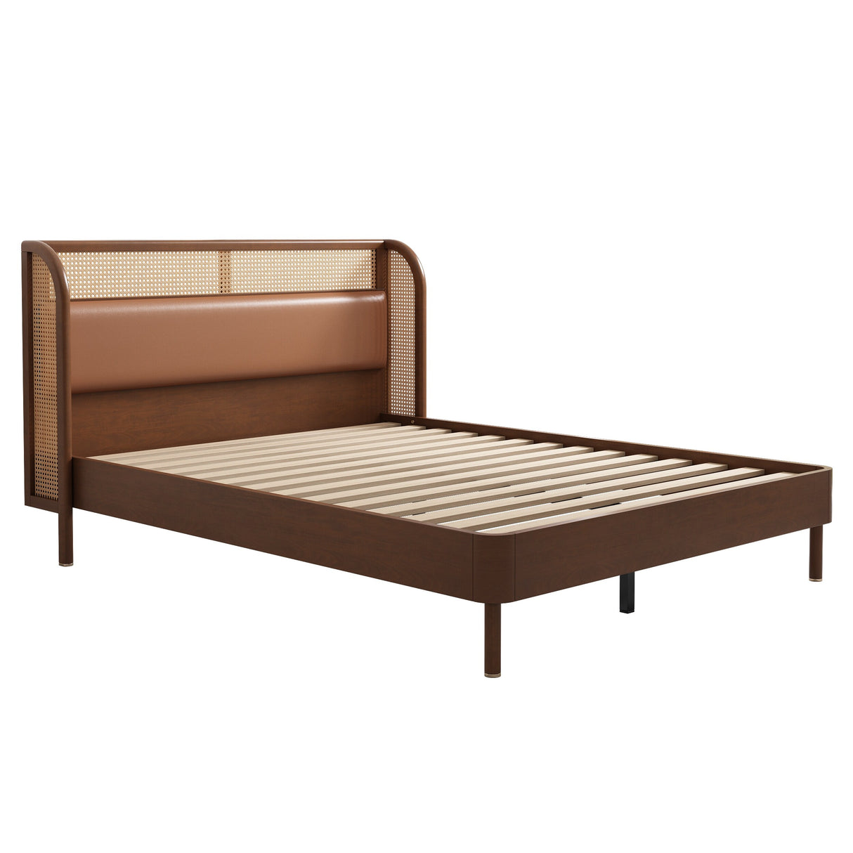 Modern Cannage Rattan Wood Platform Queen Bed, Black