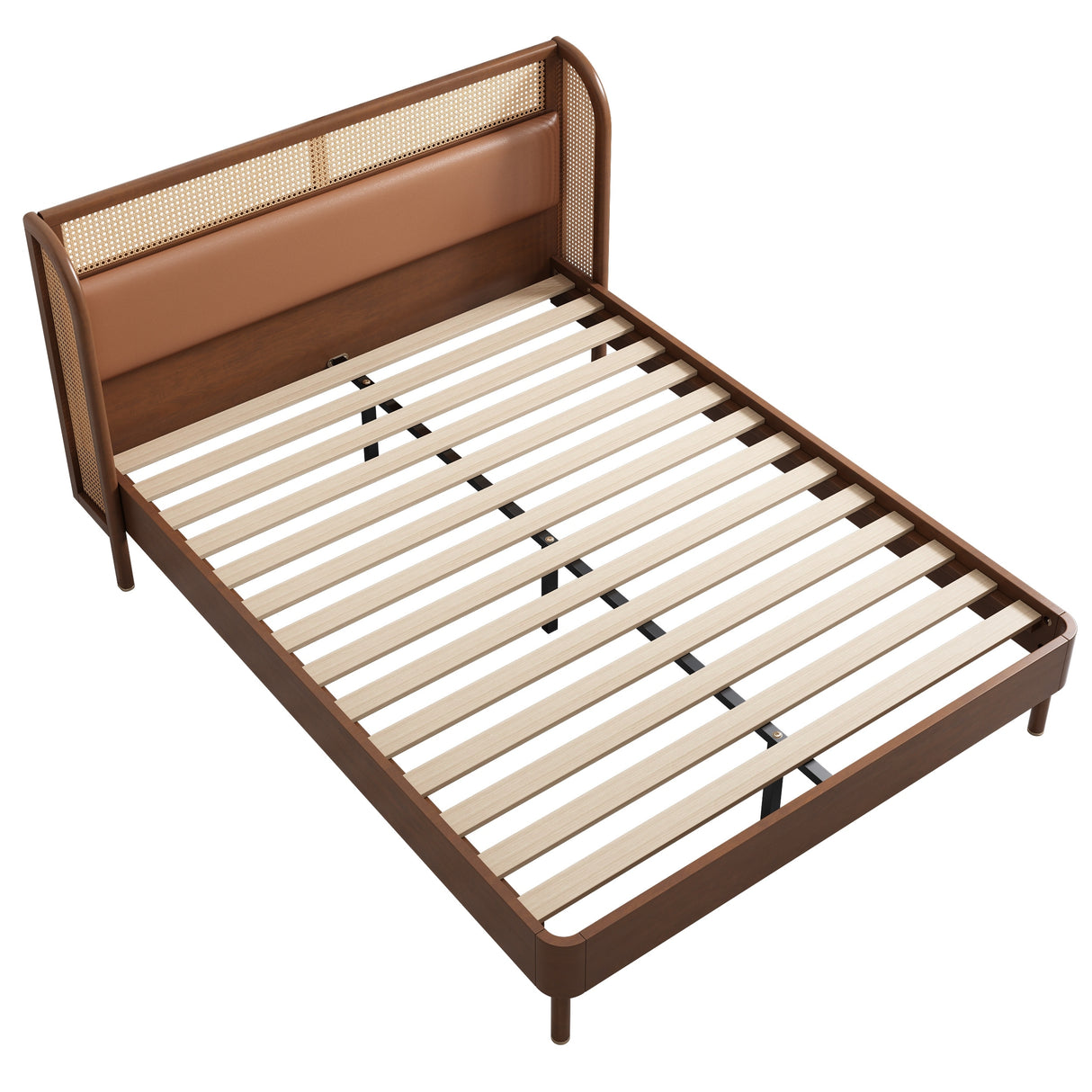 Modern Cannage Rattan Wood Platform Queen Bed, Black