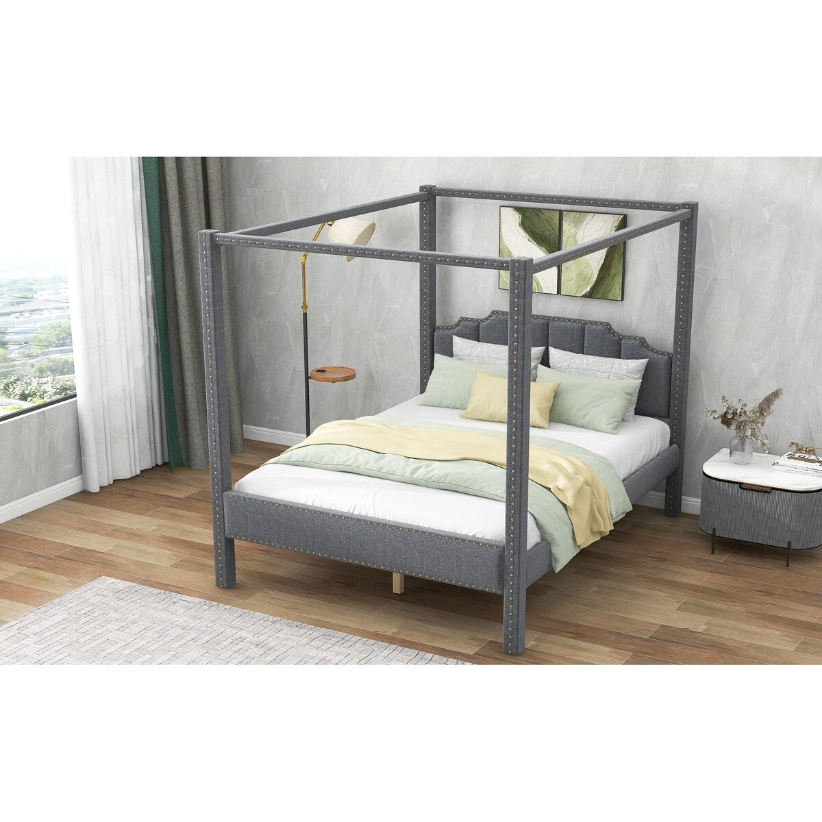 Modern Canopy Platform Bed, Headboard, Support Legs