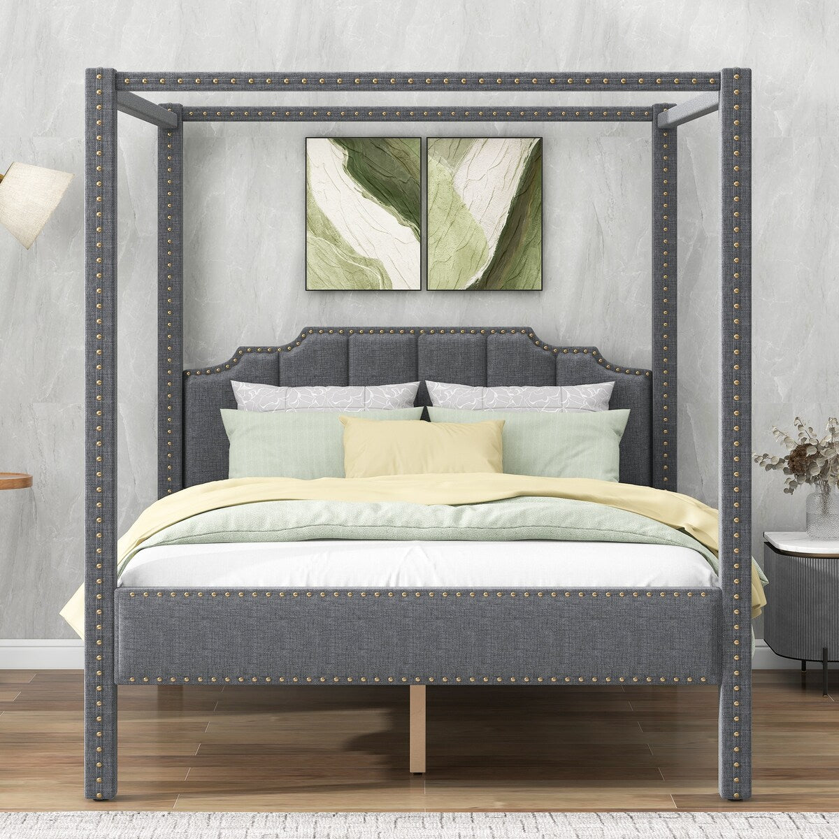 Modern Canopy Platform Bed, Headboard, Support Legs