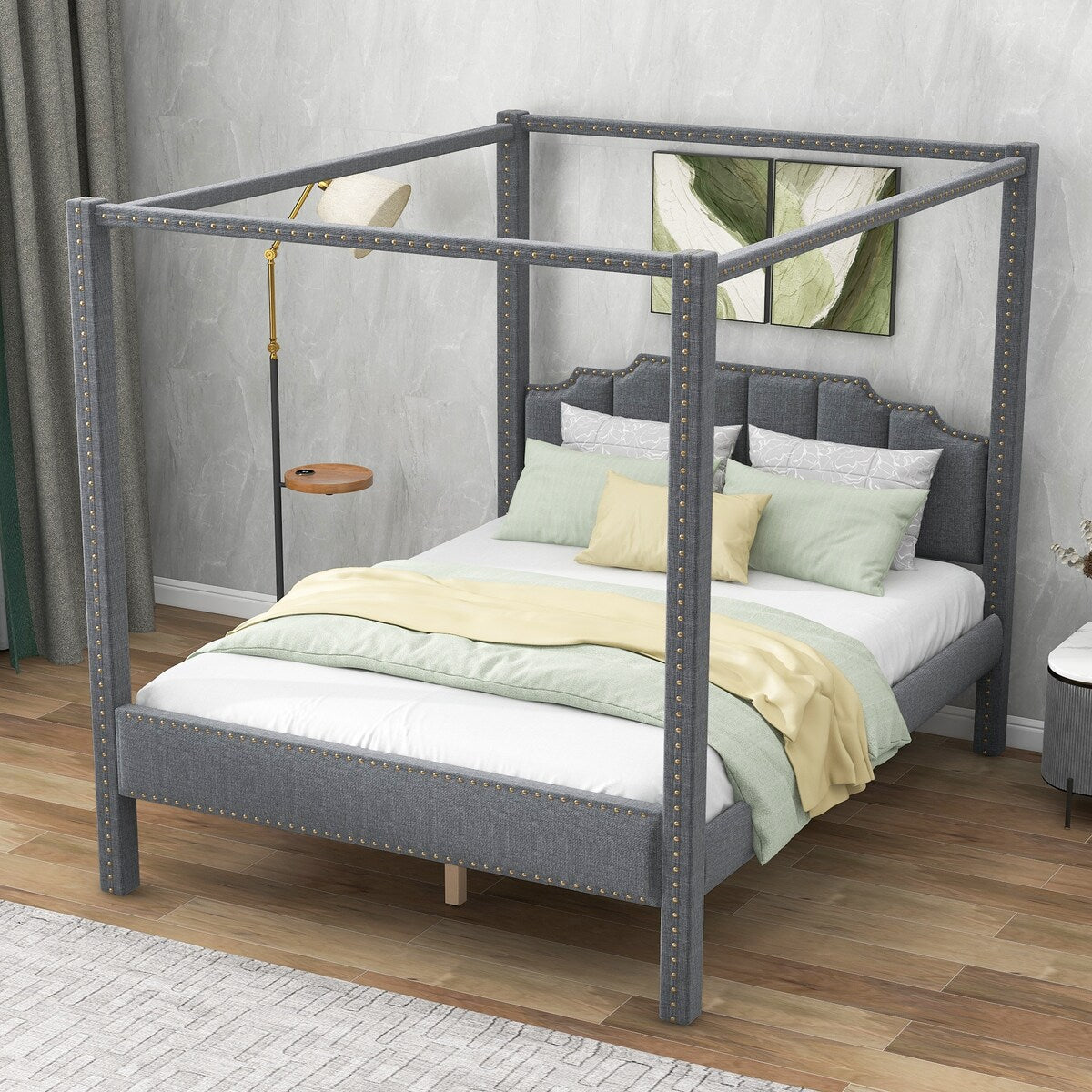 Modern Canopy Platform Bed, Headboard, Support Legs
