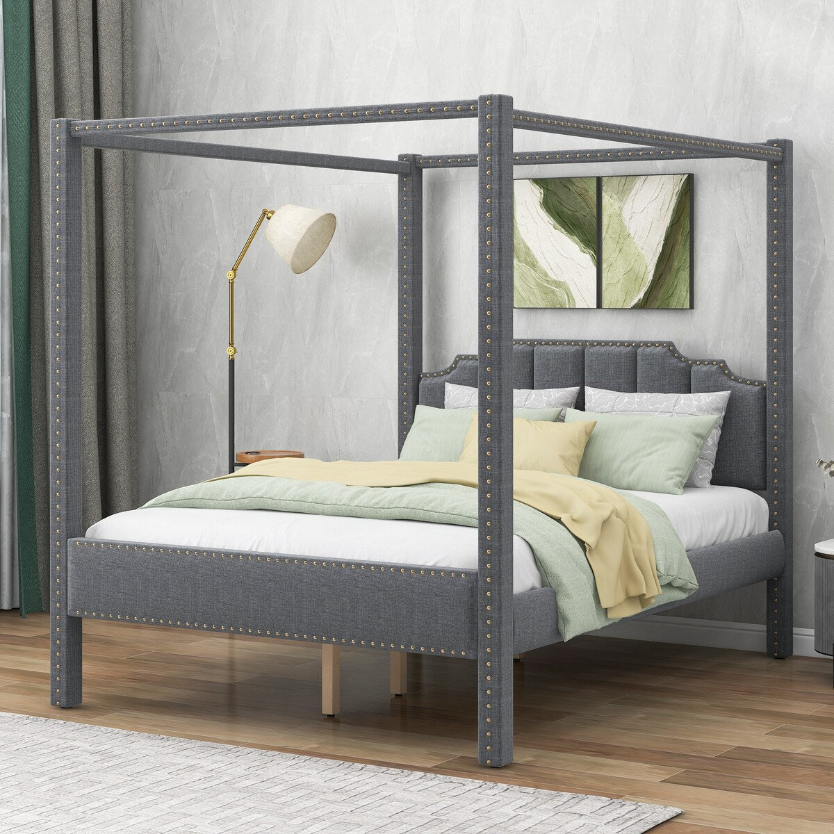 Modern Canopy Platform Bed, Headboard, Support Legs