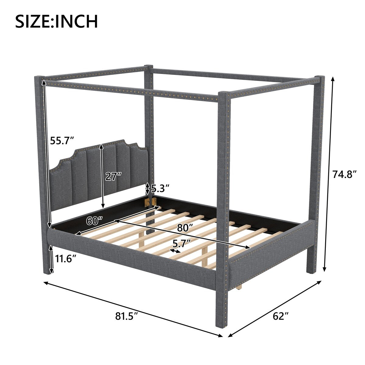 Modern Canopy Platform Bed, Headboard, Support Legs