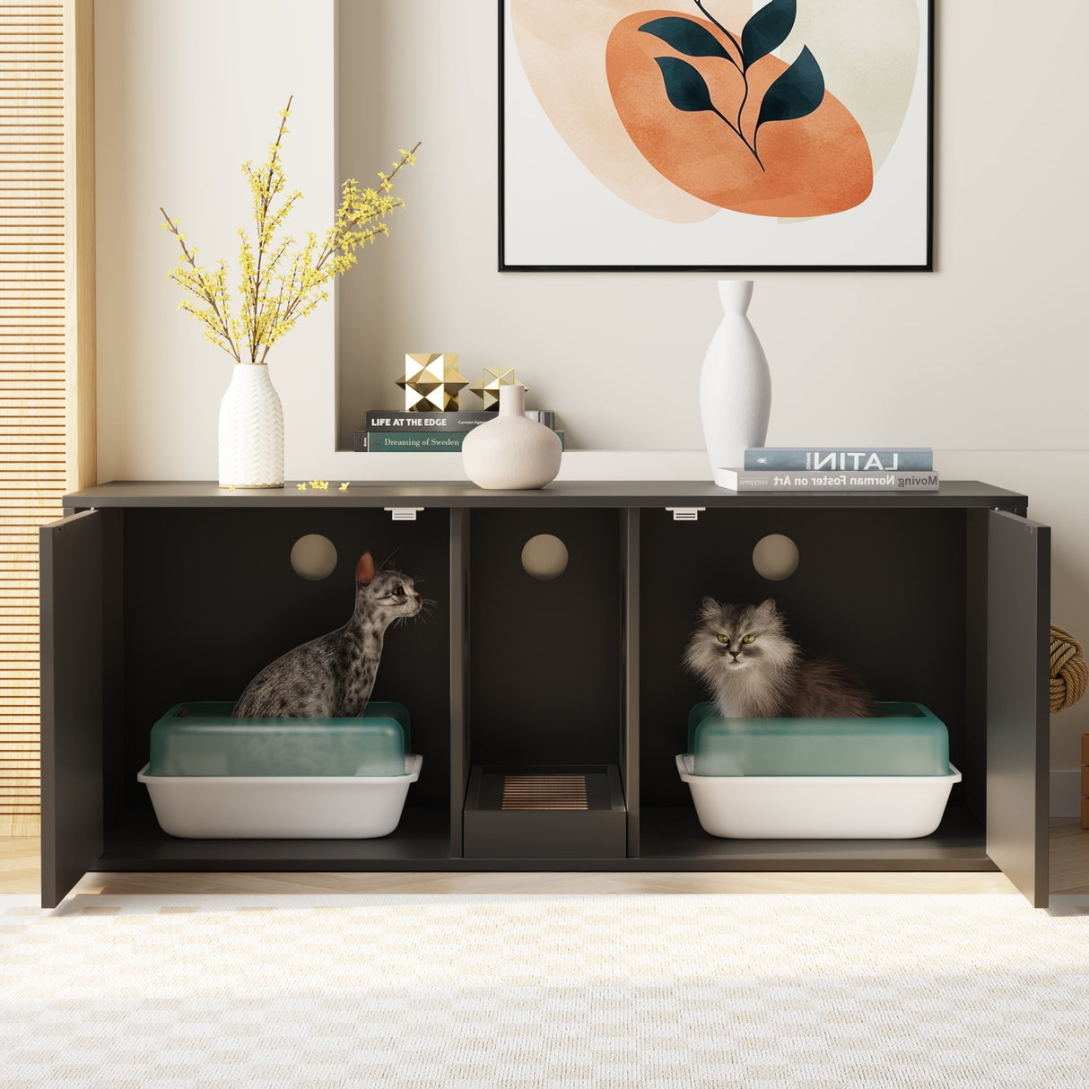 Modern Cat Litter Cat Enclosure,Washroom,Cabinet with two Large Rooms.