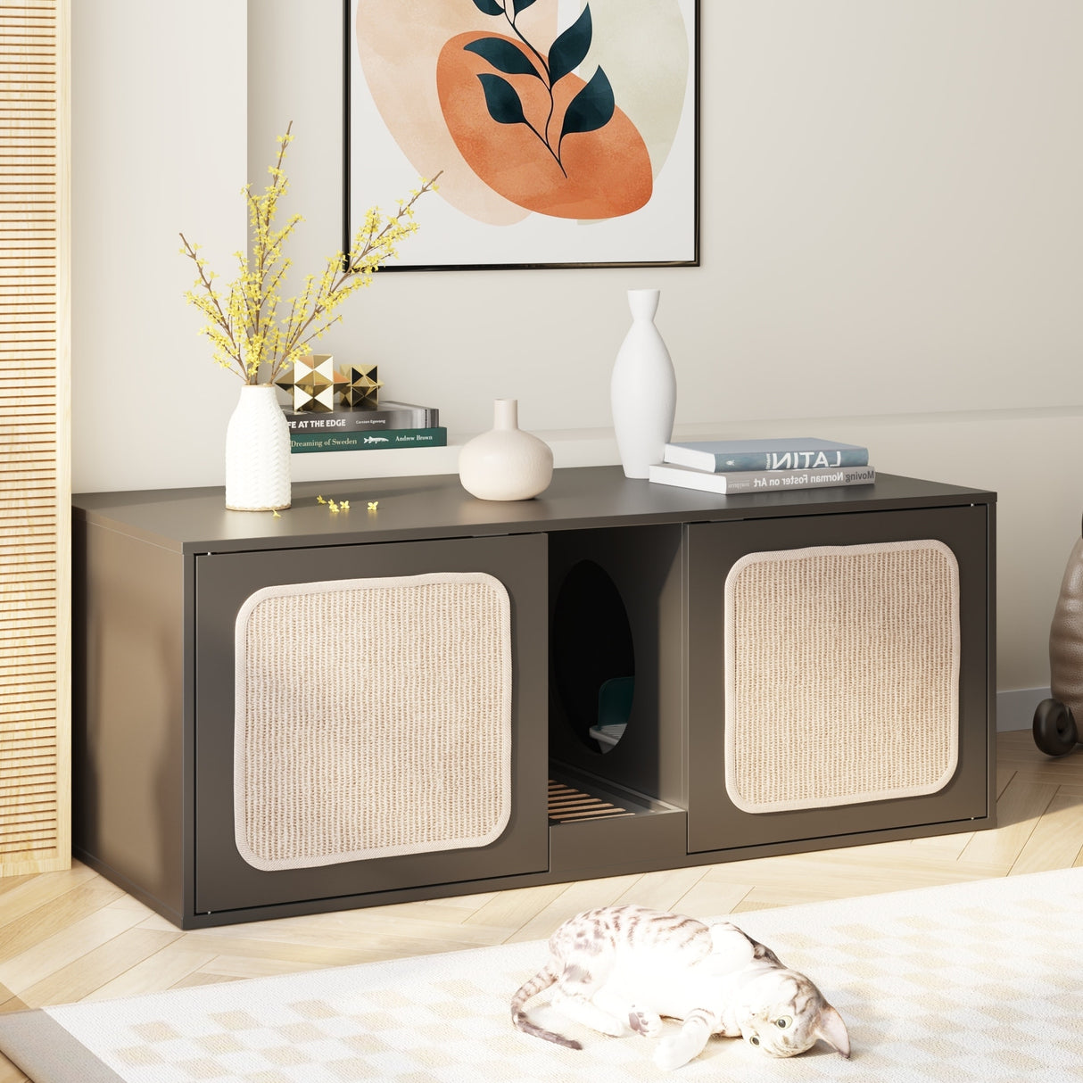 Modern Cat Litter Cat Enclosure,Washroom,Cabinet with two Large Rooms.