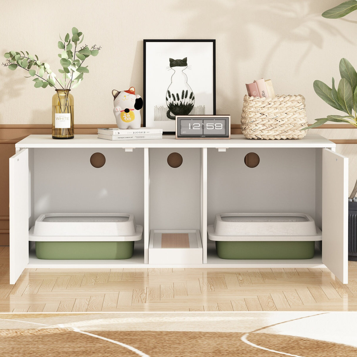 Modern Cat Litter Cat Enclosure,Washroom,Cabinet with two Large Rooms.