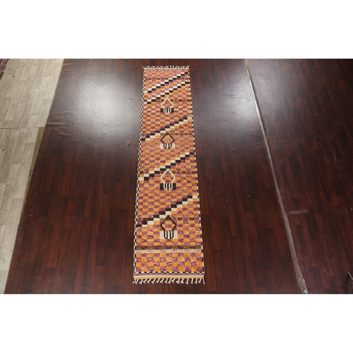 Modern Checkered Moroccan Oriental Runner Rug Hand-knotted Wool Carpet - 2'11" x 12'10"