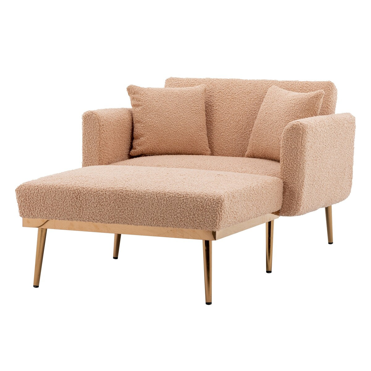 Modern Chic Style Tufted Teddy Chaise Lounge Chair with Tufted Cushions, Polished Legs, and Low-Slung Seat, Ottoman Include