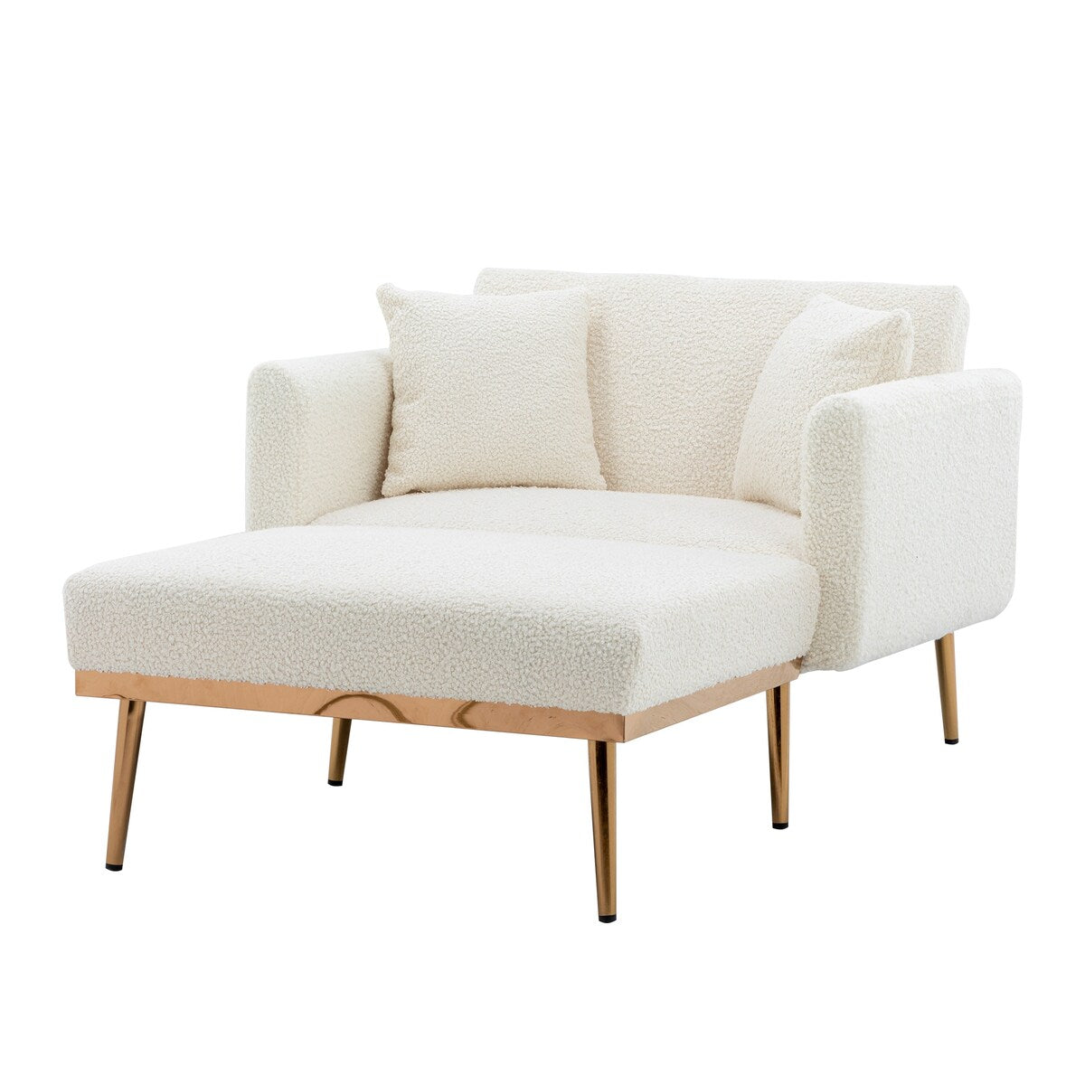 Modern Chic Style Tufted Teddy Chaise Lounge Chair with Tufted Cushions, Polished Legs, and Low-Slung Seat, Ottoman Include