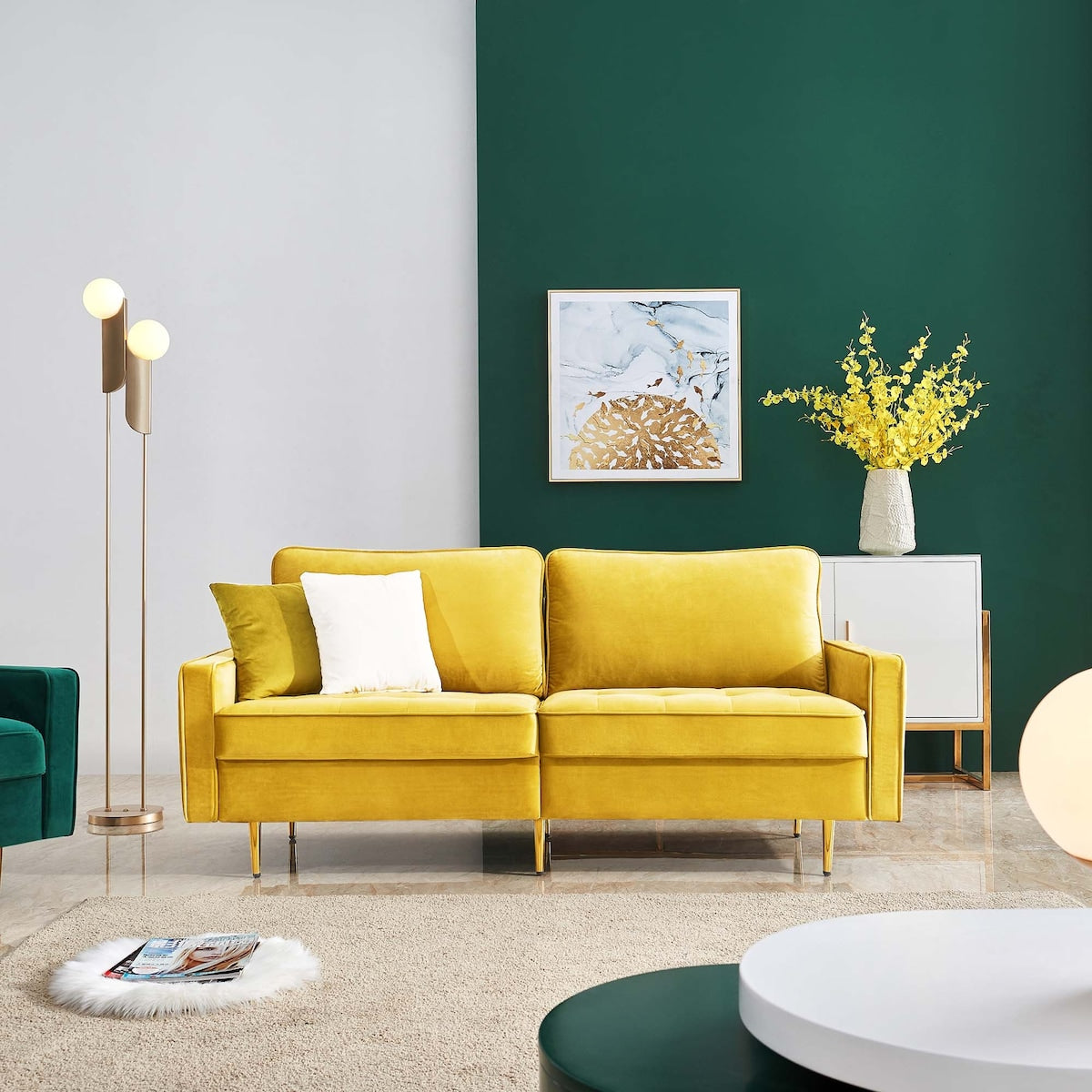 Modern Chic Velvet Loveseat Sofa Thicken Upholstered Sofa Living Room Accent Sofa with Metal Leg & 2 Pillows