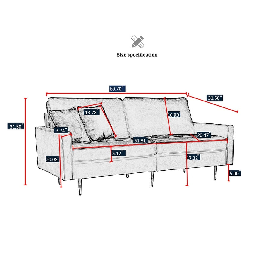 Modern Chic Velvet Loveseat Sofa Thicken Upholstered Sofa Living Room Accent Sofa with Metal Leg & 2 Pillows