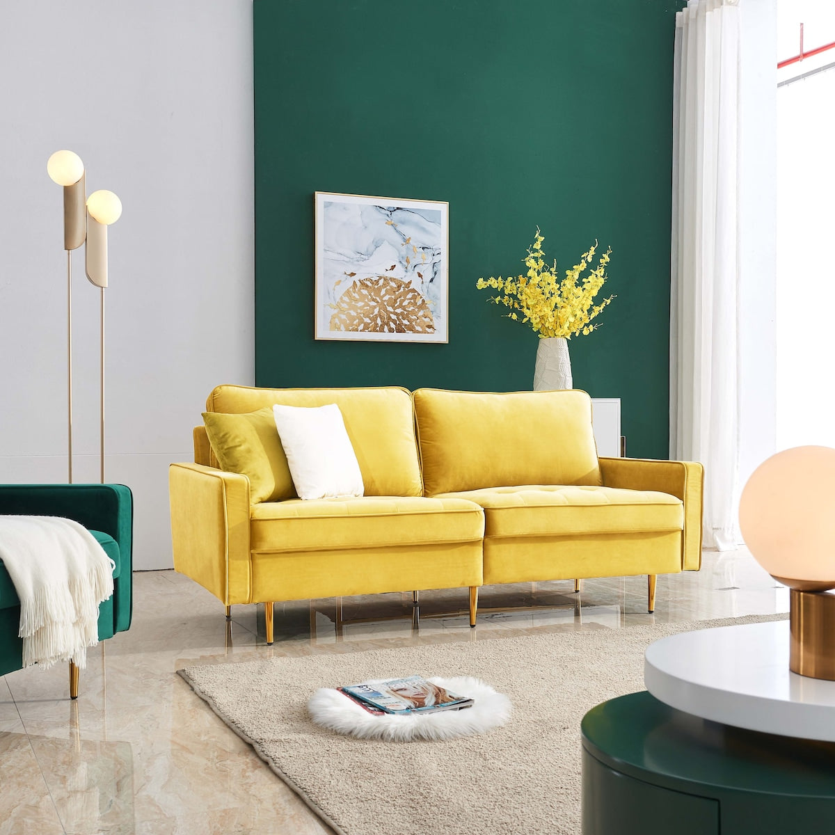 Modern Chic Velvet Loveseat Sofa Thicken Upholstered Sofa Living Room Accent Sofa with Metal Leg & 2 Pillows