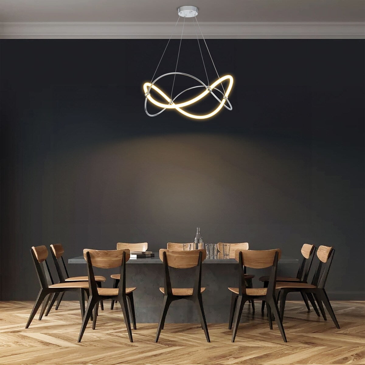 Modern Chrome Linear Geometric Dimmable Integrated LED Chandelier for Living/Dining Room - 25.9 in. W