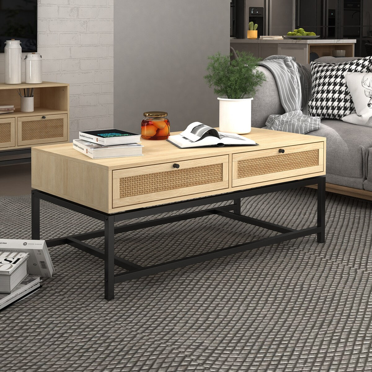 Modern Coffee Table, Bohemian Wood Cocktail Table with 2 Woven Rattan Drawers, Minimalist Tea Table, Warm Sofa Table