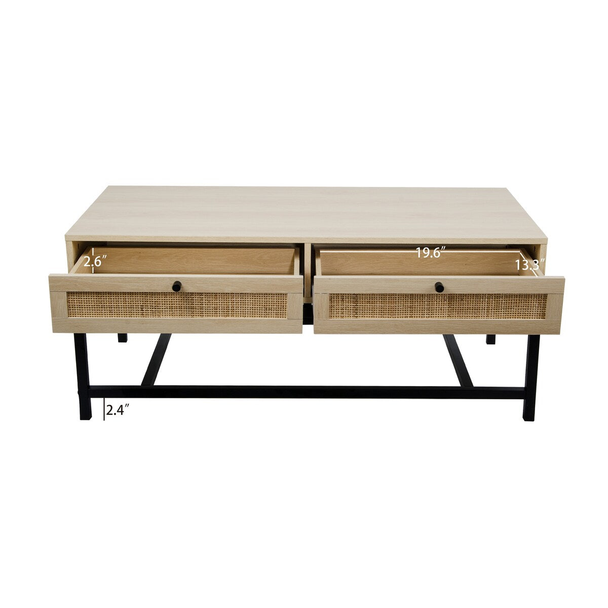 Modern Coffee Table, Bohemian Wood Cocktail Table with 2 Woven Rattan Drawers, Minimalist Tea Table, Warm Sofa Table