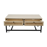 Modern Coffee Table, Bohemian Wood Cocktail Table with 2 Woven Rattan Drawers, Minimalist Tea Table, Warm Sofa Table