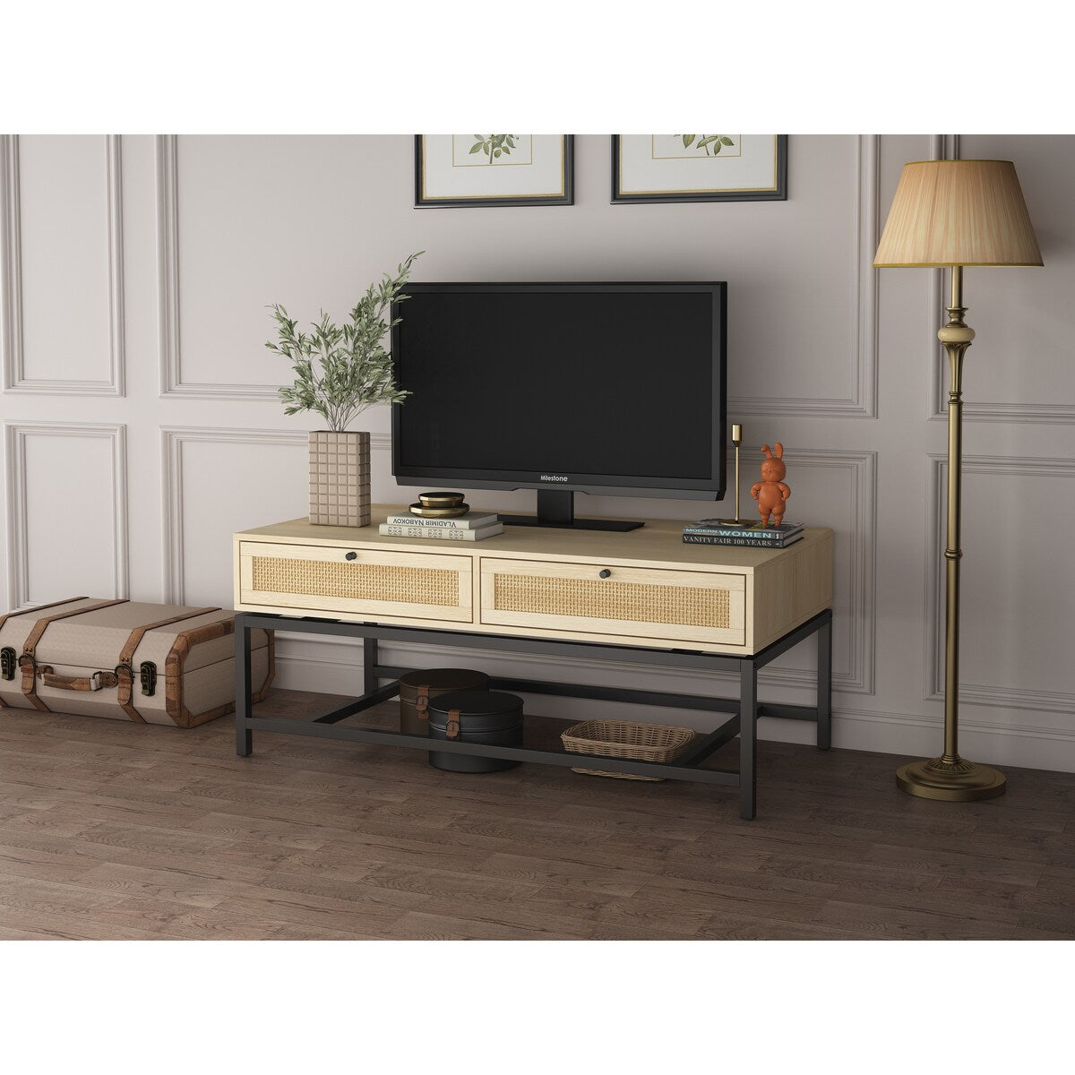 Modern Coffee Table, Bohemian Wood Cocktail Table with 2 Woven Rattan Drawers, Minimalist Tea Table, Warm Sofa Table