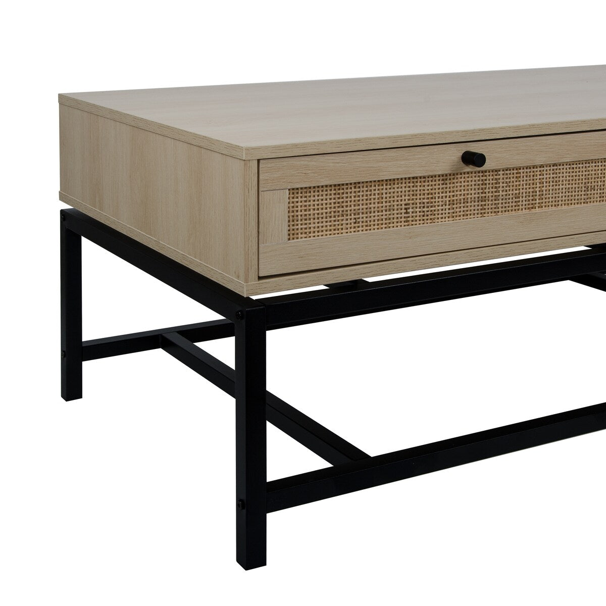 Modern Coffee Table, Bohemian Wood Cocktail Table with 2 Woven Rattan Drawers, Minimalist Tea Table, Warm Sofa Table