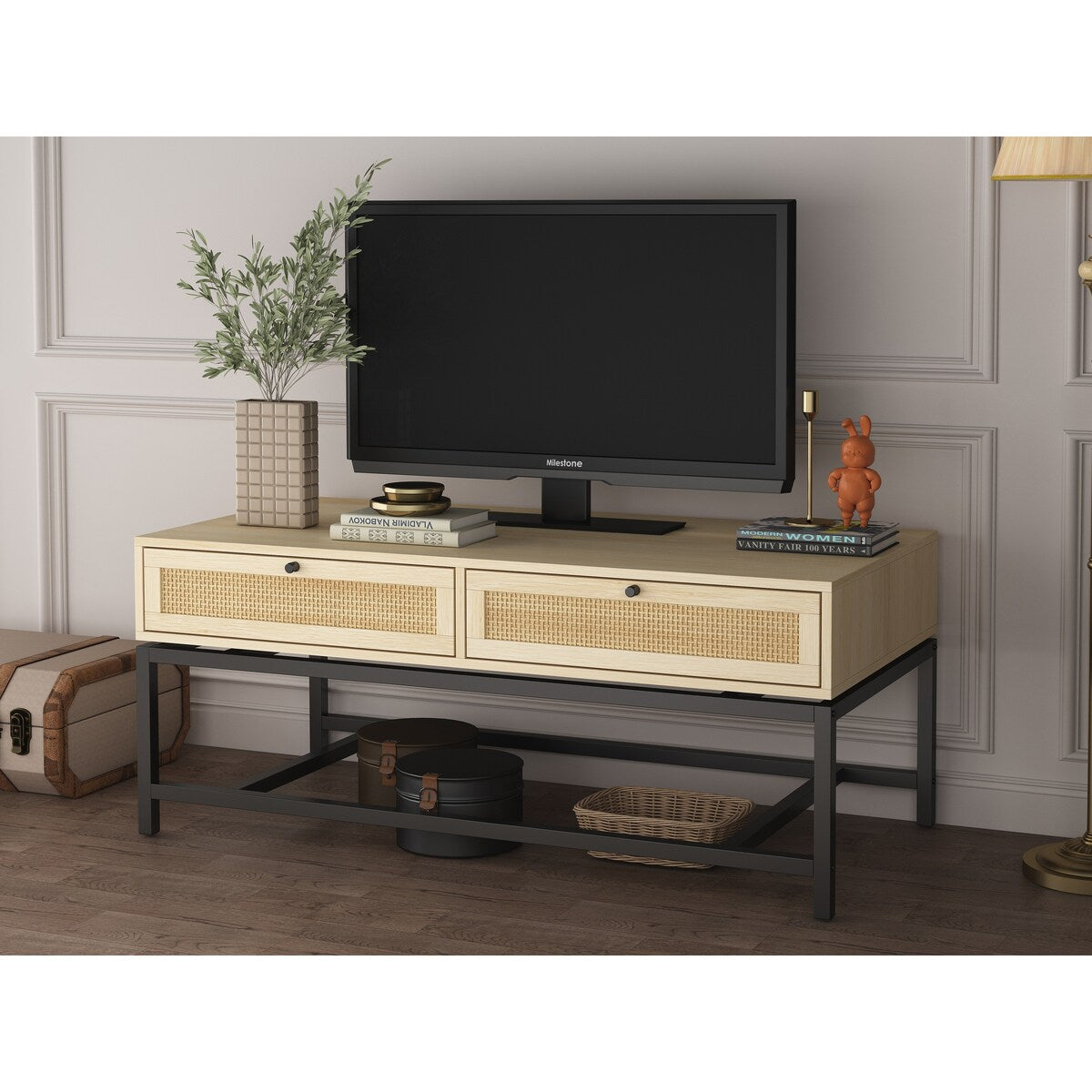 Modern Coffee Table, Bohemian Wood Cocktail Table with 2 Woven Rattan Drawers, Minimalist Tea Table, Warm Sofa Table