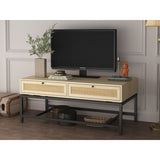 Modern Coffee Table, Bohemian Wood Cocktail Table with 2 Woven Rattan Drawers, Minimalist Tea Table, Warm Sofa Table
