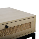 Modern Coffee Table, Bohemian Wood Cocktail Table with 2 Woven Rattan Drawers, Minimalist Tea Table, Warm Sofa Table