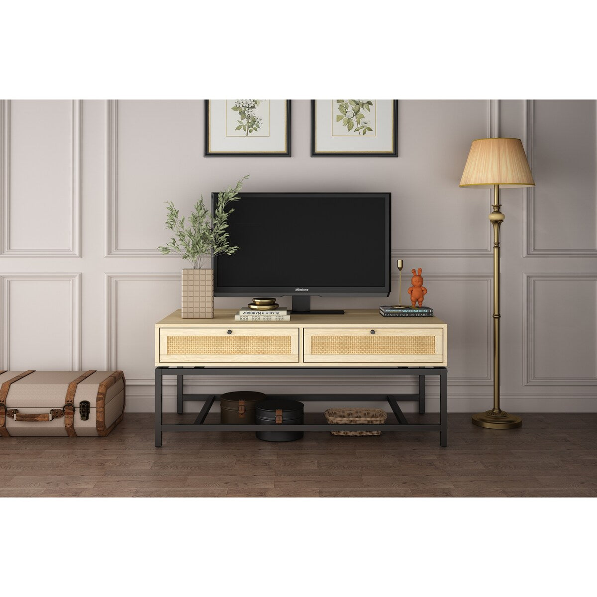 Modern Coffee Table, Bohemian Wood Cocktail Table with 2 Woven Rattan Drawers, Minimalist Tea Table, Warm Sofa Table