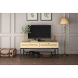 Modern Coffee Table, Bohemian Wood Cocktail Table with 2 Woven Rattan Drawers, Minimalist Tea Table, Warm Sofa Table
