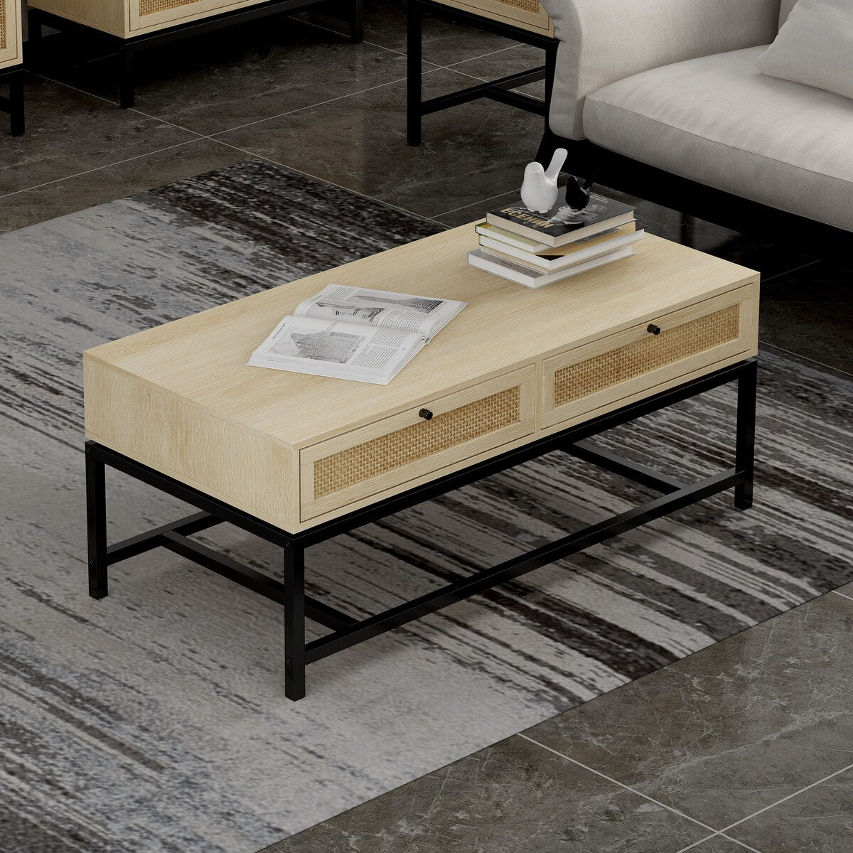 Modern Coffee Table, Bohemian Wood Cocktail Table with 2 Woven Rattan Drawers, Minimalist Tea Table, Warm Sofa Table