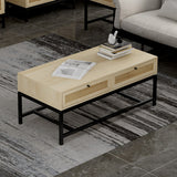 Modern Coffee Table, Bohemian Wood Cocktail Table with 2 Woven Rattan Drawers, Minimalist Tea Table, Warm Sofa Table
