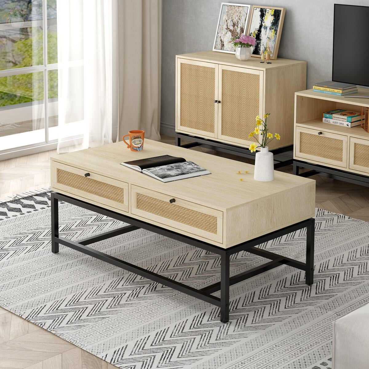 Modern Coffee Table, Bohemian Wood Cocktail Table with 2 Woven Rattan Drawers, Minimalist Tea Table, Warm Sofa Table