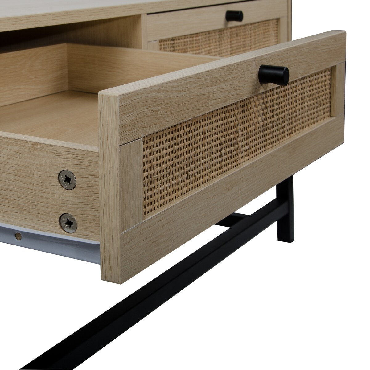 Modern Coffee Table, Bohemian Wood Cocktail Table with 2 Woven Rattan Drawers, Minimalist Tea Table, Warm Sofa Table