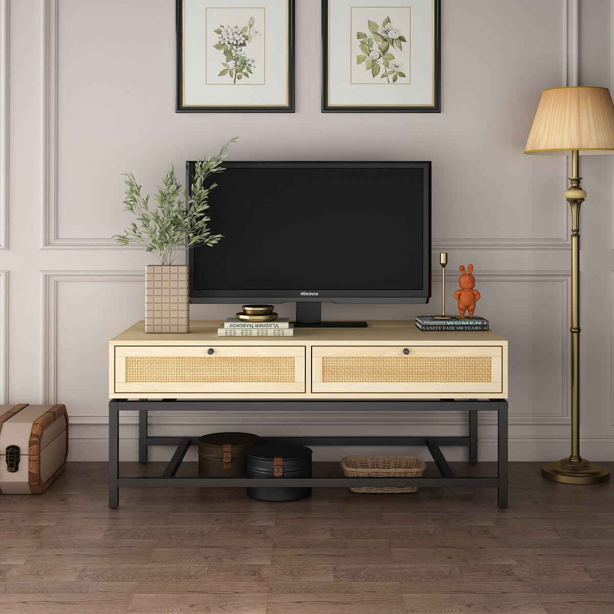 Modern Coffee Table, Bohemian Wood Cocktail Table with 2 Woven Rattan Drawers, Minimalist Tea Table, Warm Sofa Table