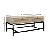 Modern Coffee Table, Bohemian Wood Cocktail Table with 2 Woven Rattan Drawers, Minimalist Tea Table, Warm Sofa Table