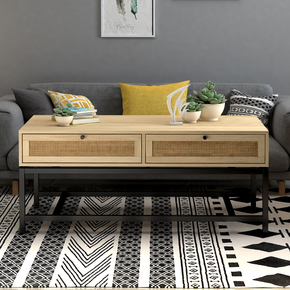 Modern Coffee Table, Bohemian Wood Cocktail Table with 2 Woven Rattan Drawers, Minimalist Tea Table, Warm Sofa Table