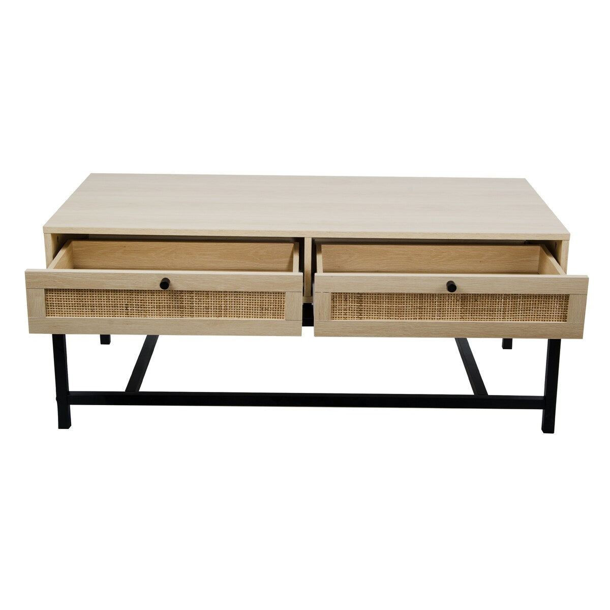 Modern Coffee Table, Bohemian Wood Cocktail Table with 2 Woven Rattan Drawers, Minimalist Tea Table, Warm Sofa Table