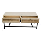 Modern Coffee Table, Bohemian Wood Cocktail Table with 2 Woven Rattan Drawers, Minimalist Tea Table, Warm Sofa Table